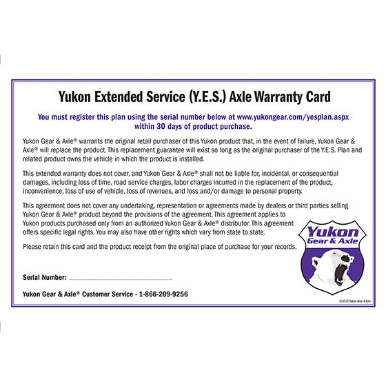 Yukon Gear and Axle YESAXLE - Yukon Extended Service plan for axle shaft. 1