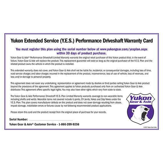 Yukon Gear and Axle YESDS - Yukon Extended Service plan for Performance Driveshaft