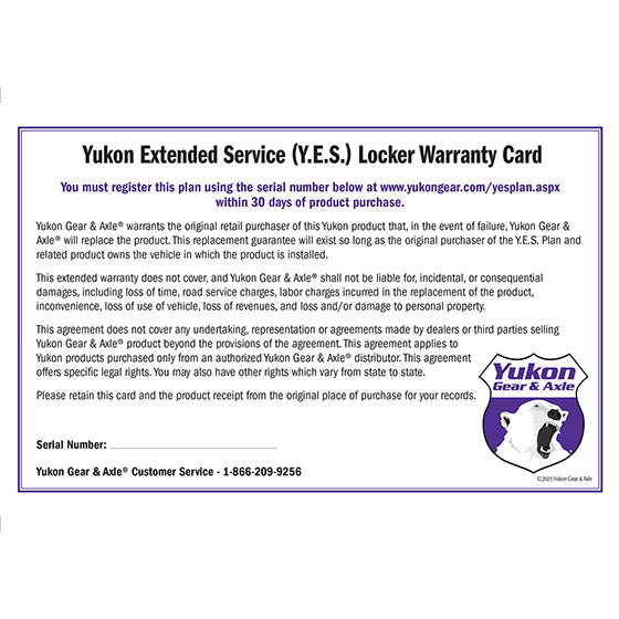 Yukon Gear and Axle YESLOCKER - Yukon Extended Service plan for Grizzly & Zip Locker. 3